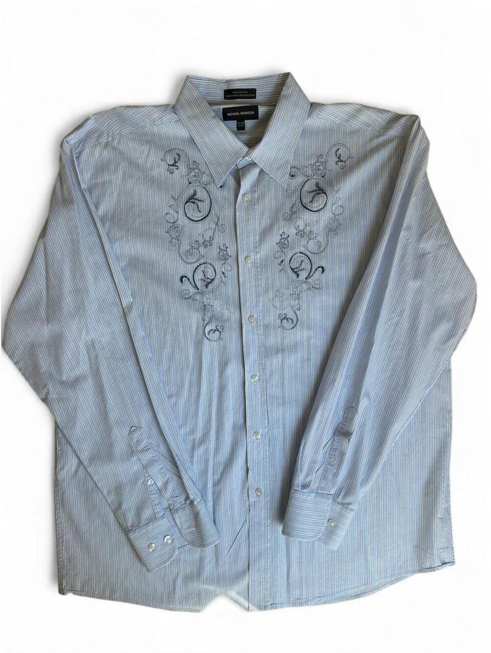Michael Brandon Men’s XXL 18-18.5 Dress Shirt Blue Stripe Embroidery Y2K